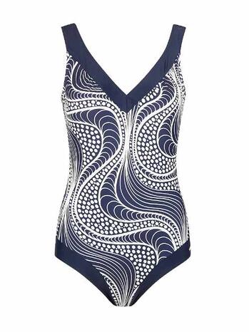 Mila N-ocean Waves Ladies Swimsuit V Neck Insert Navy + Off White