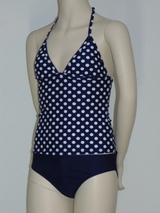 Seins et culottes bouffantes Beach bleu marine/blanc tankini set